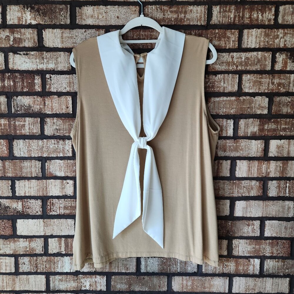 Lauren Ralph Lauren Sleeveless Tan top with Cream Neck and Bow Back EUC 2X